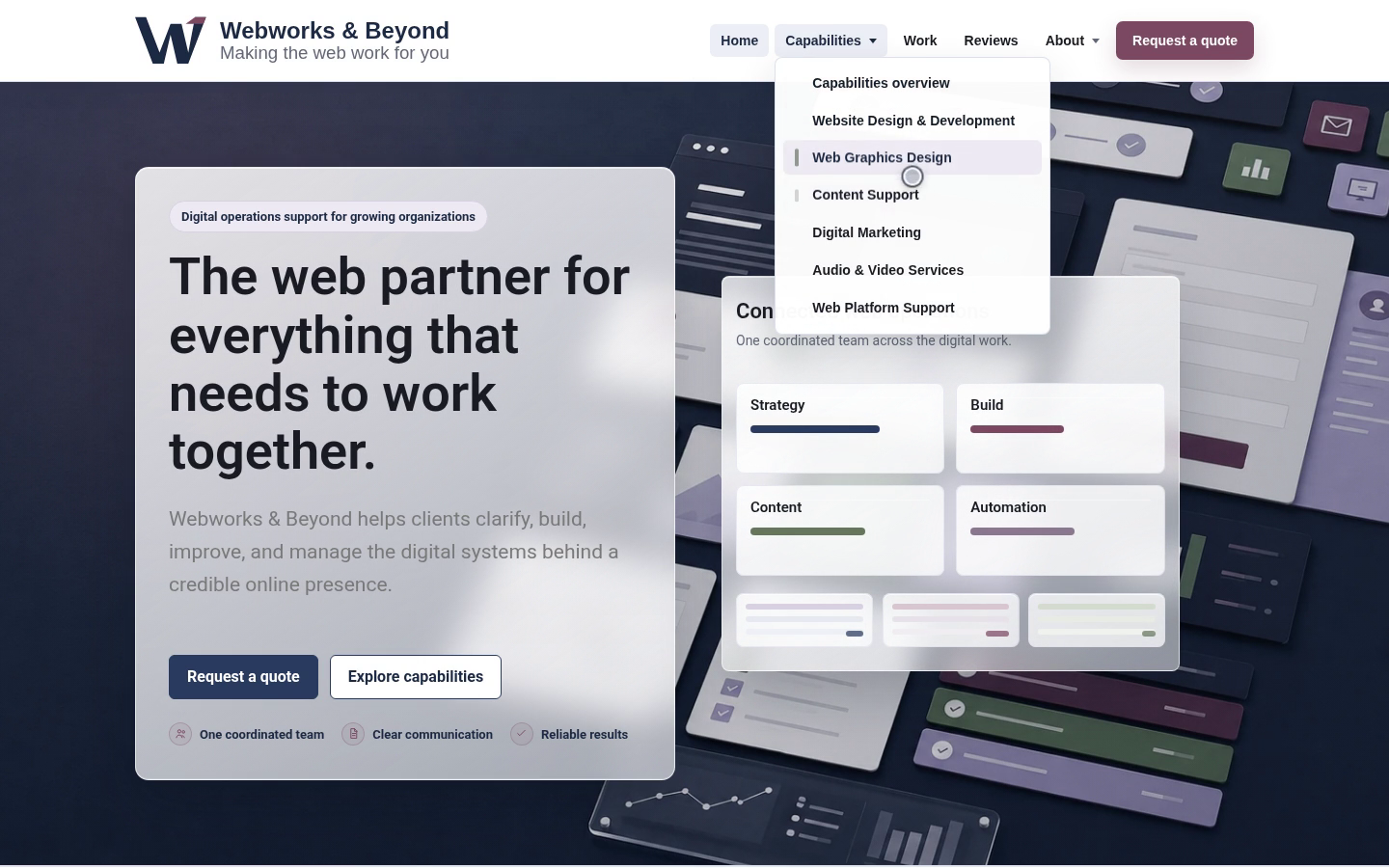 A guided homepage tour showing every colored Capabilities submenu state, hero interactions, representative hover effects across each section, smooth page movement, and an expandable Quick Answers item.