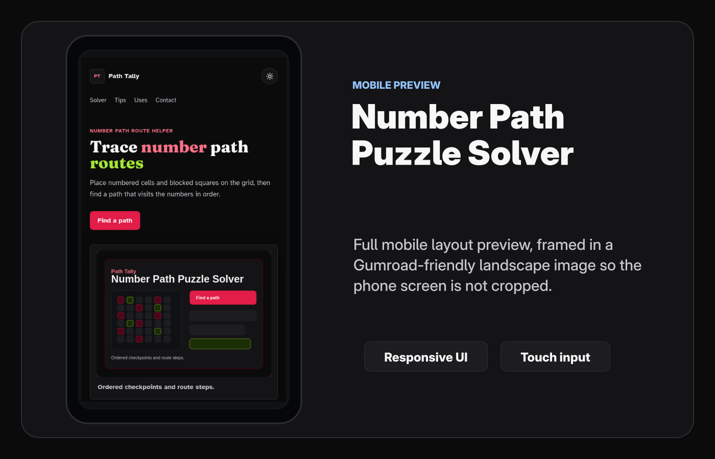 Mobile layout screenshot of Number Path Puzzle Solver Starter Kit.
