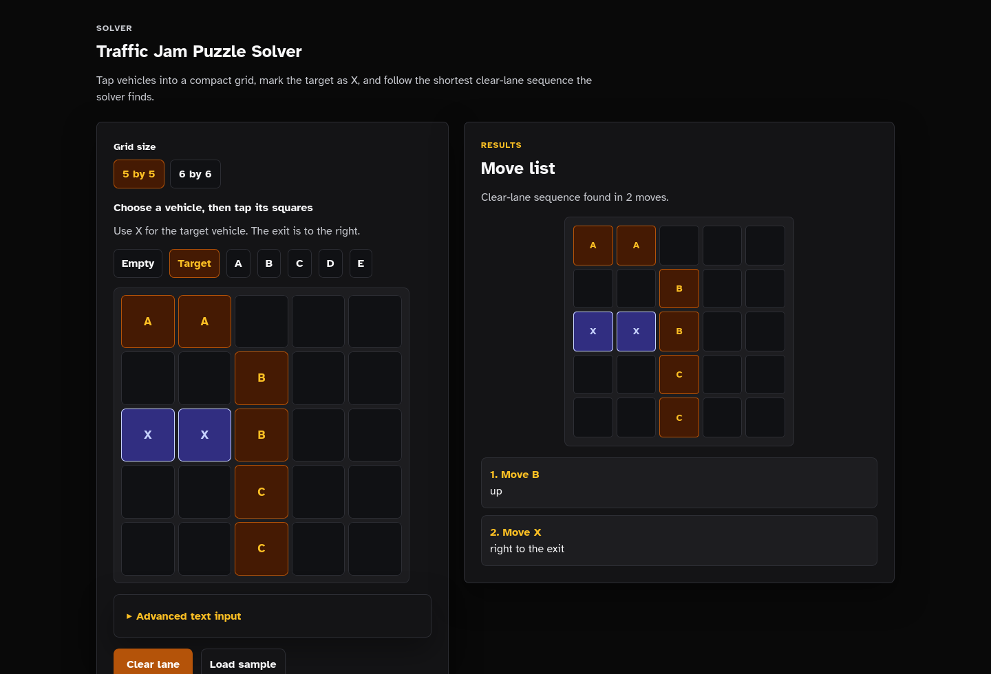 Solver results screenshot of Traffic Jam Puzzle Solver Starter Kit.