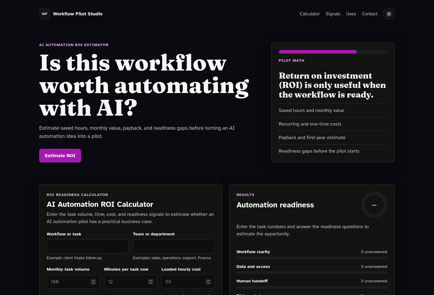 Desktop homepage screenshot of AI Automation ROI Calculator Starter Kit.