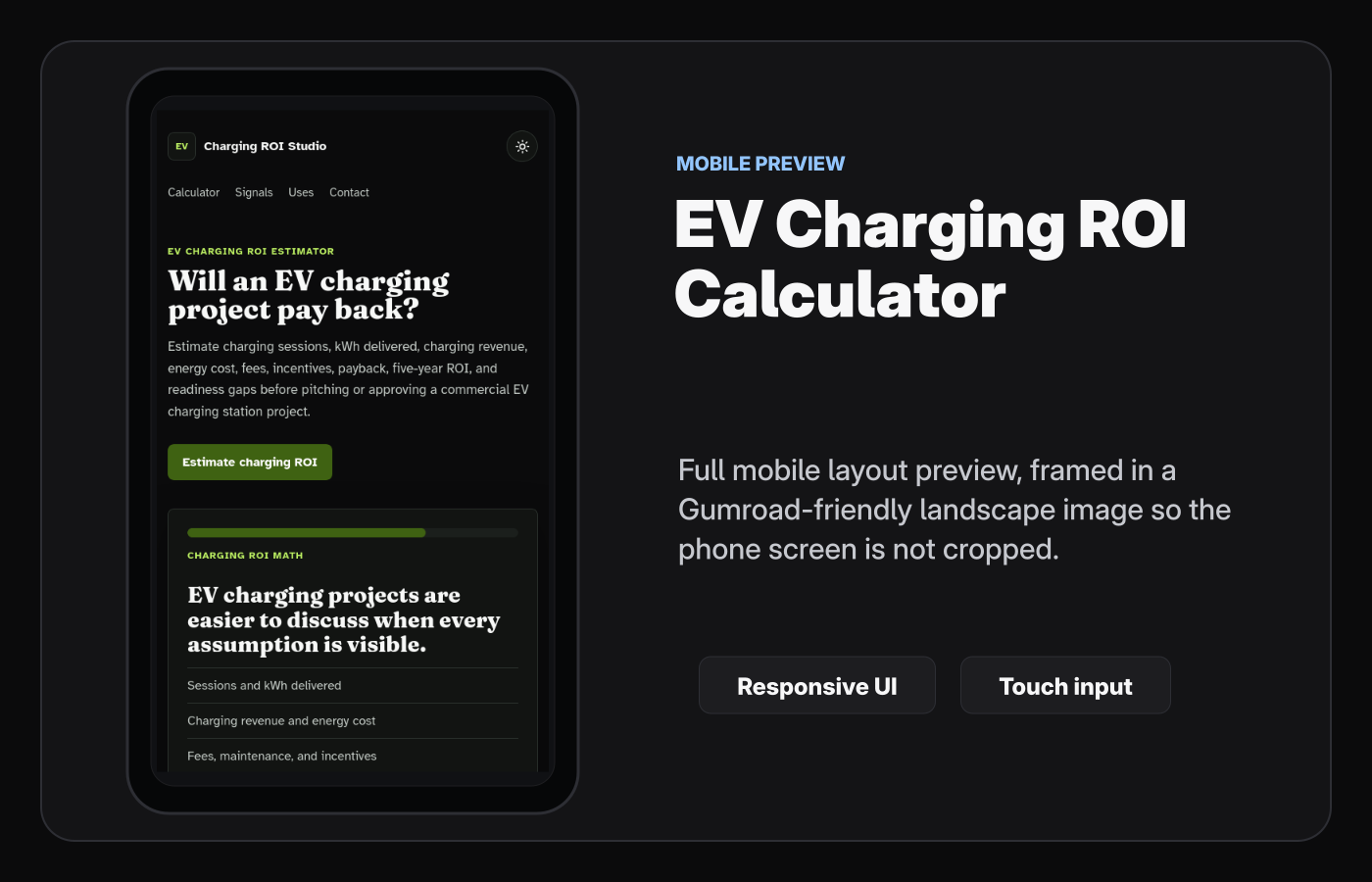 Mobile layout screenshot of EV Charging ROI Calculator Starter Kit.