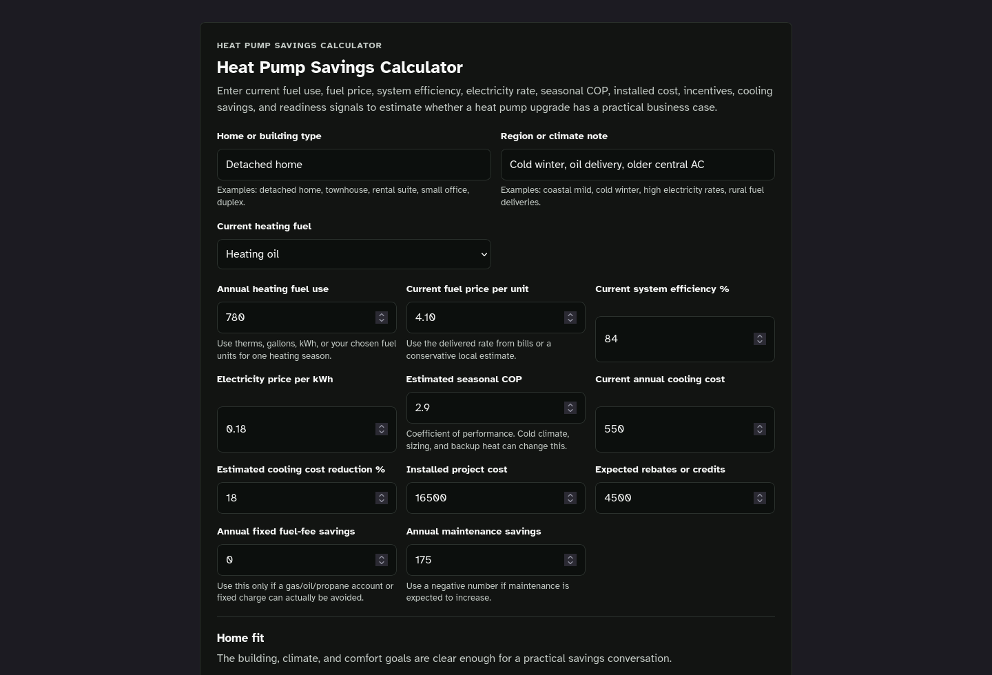 Tool-only embed screenshot of Heat Pump Savings Calculator Starter Kit.