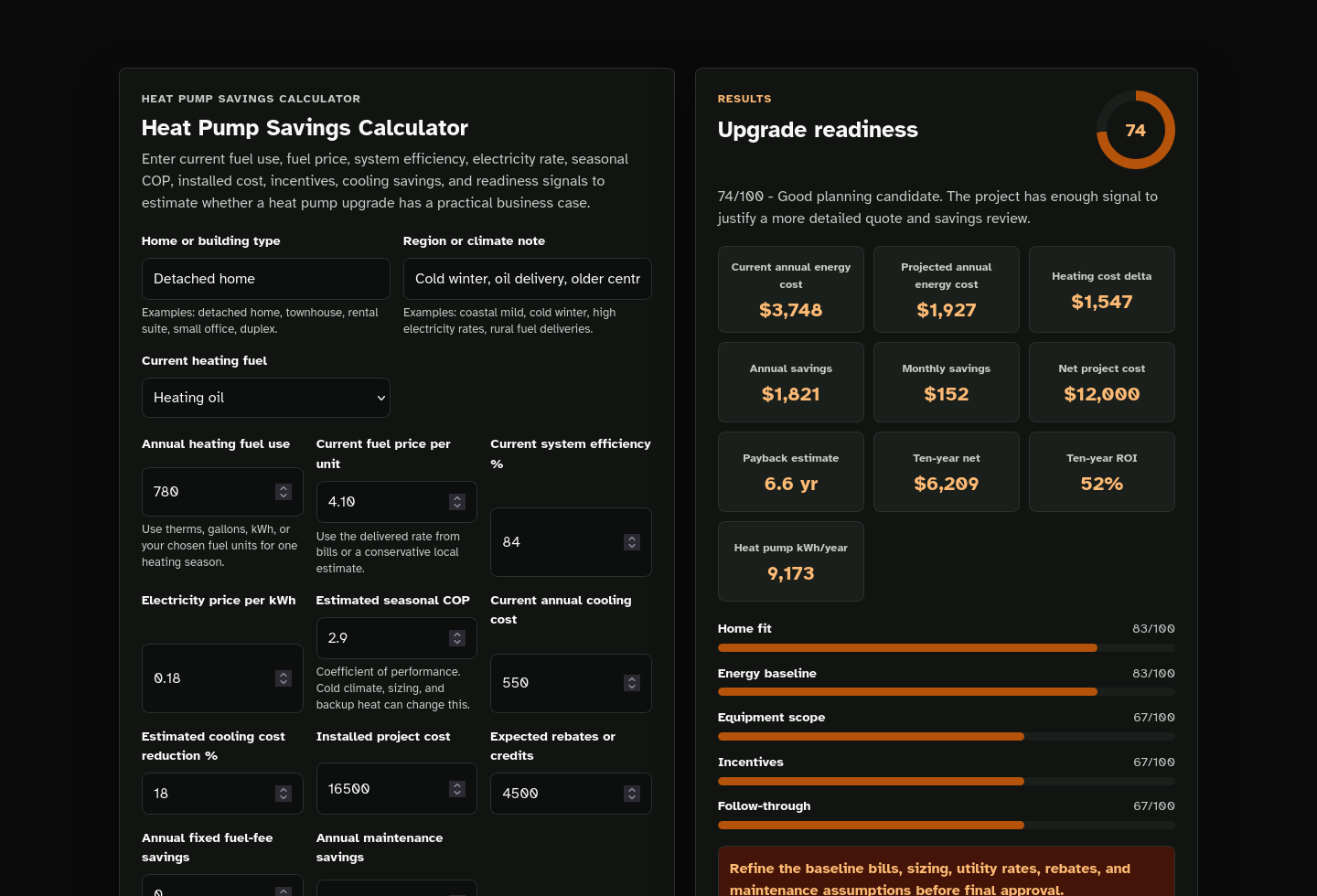 Calculator results screenshot of Heat Pump Savings Calculator Starter Kit.