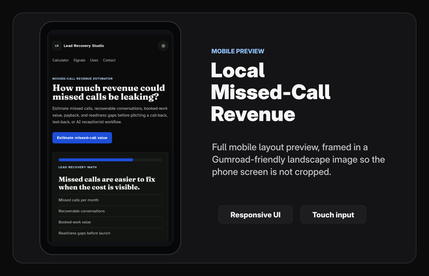 Mobile layout screenshot of Local Missed-Call Revenue Calculator Starter Kit.