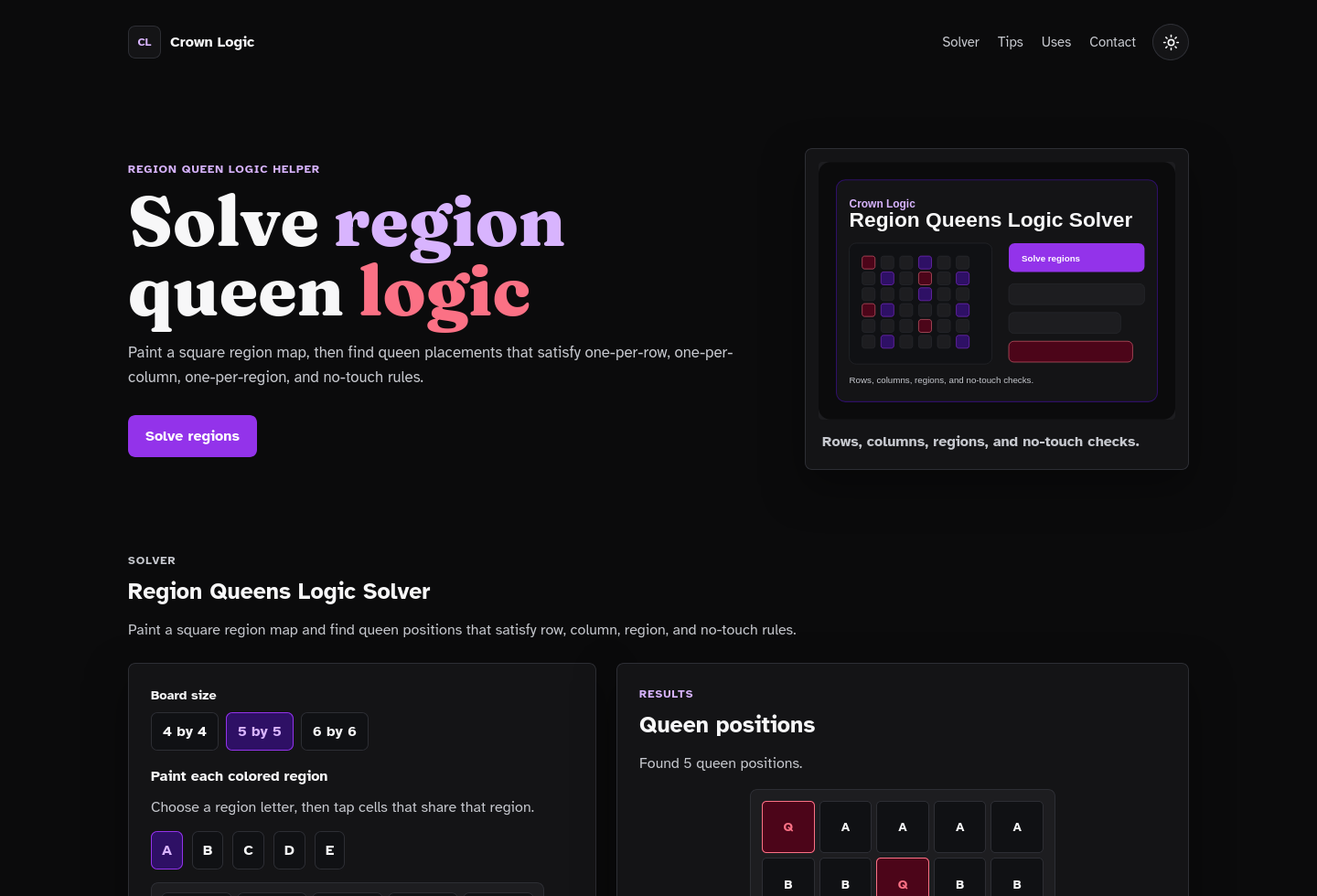 Desktop homepage screenshot of Region Queens Logic Solver Starter Kit.