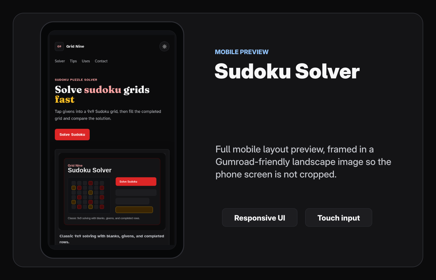 Mobile layout screenshot of Sudoku Solver Starter Kit.