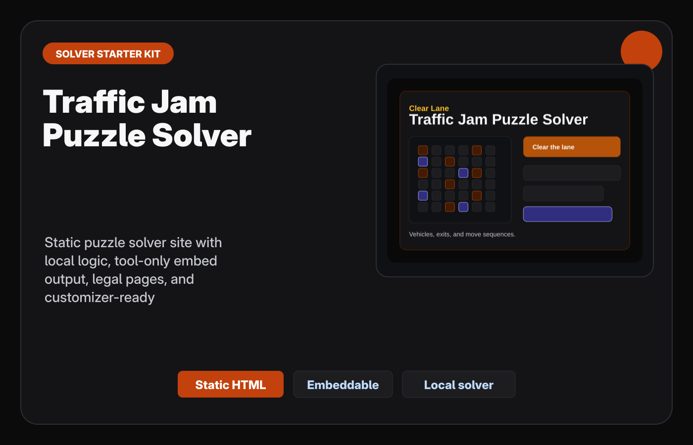 Traffic Jam Puzzle Solver Starter Kit Gumroad-style product cover.