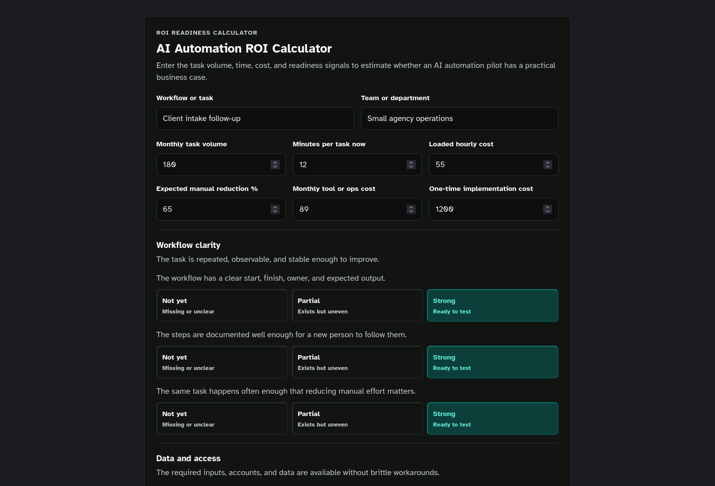 Tool-only embed screenshot of AI Automation ROI Calculator Starter Kit.