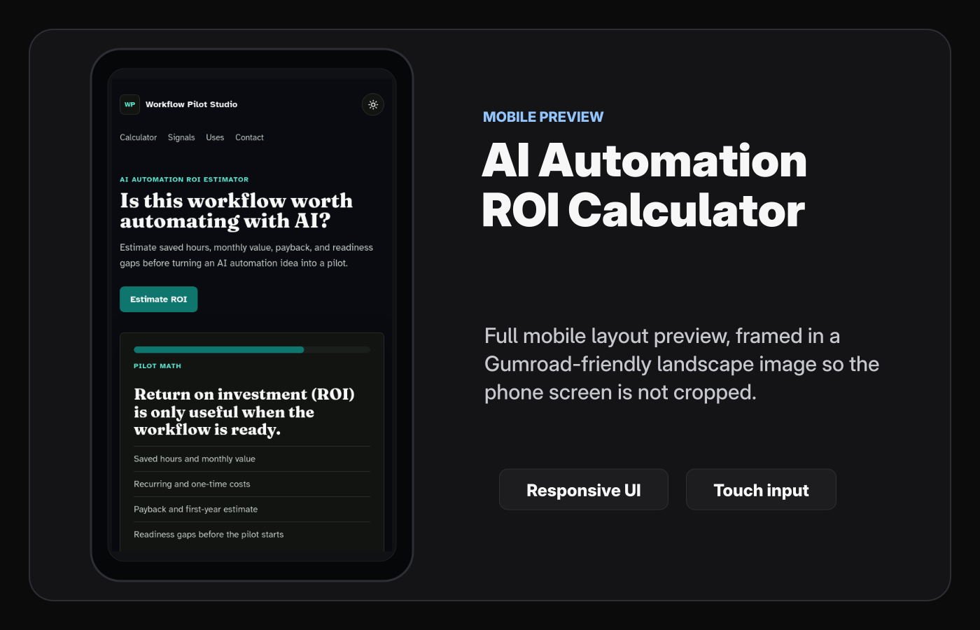 Mobile layout screenshot of AI Automation ROI Calculator Starter Kit.