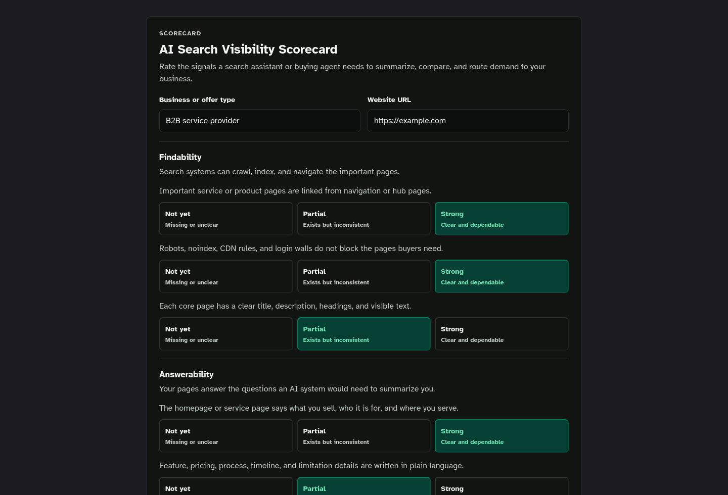 Tool-only embed screenshot of AI Search Visibility Scorecard Starter Kit.