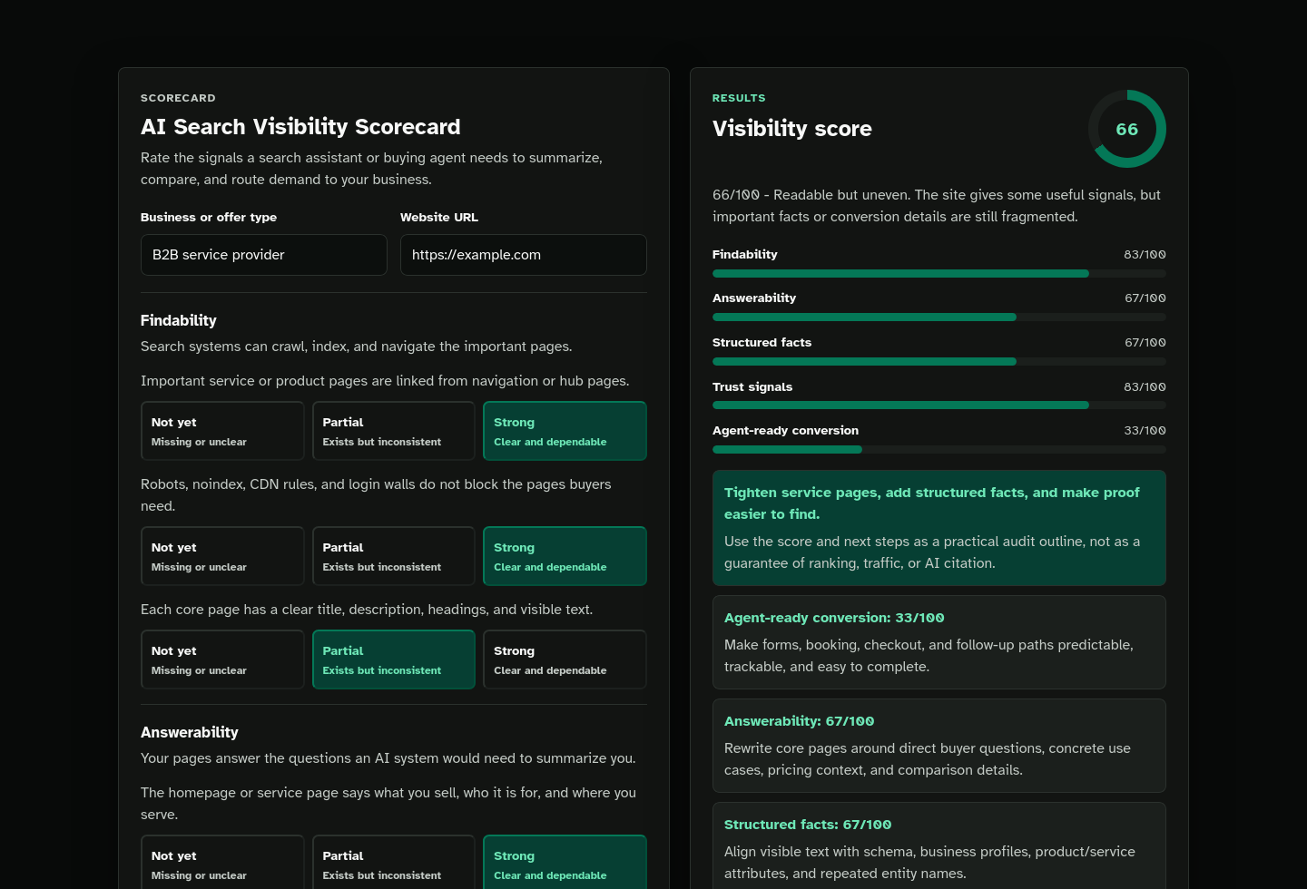 Scorecard results screenshot of AI Search Visibility Scorecard Starter Kit.