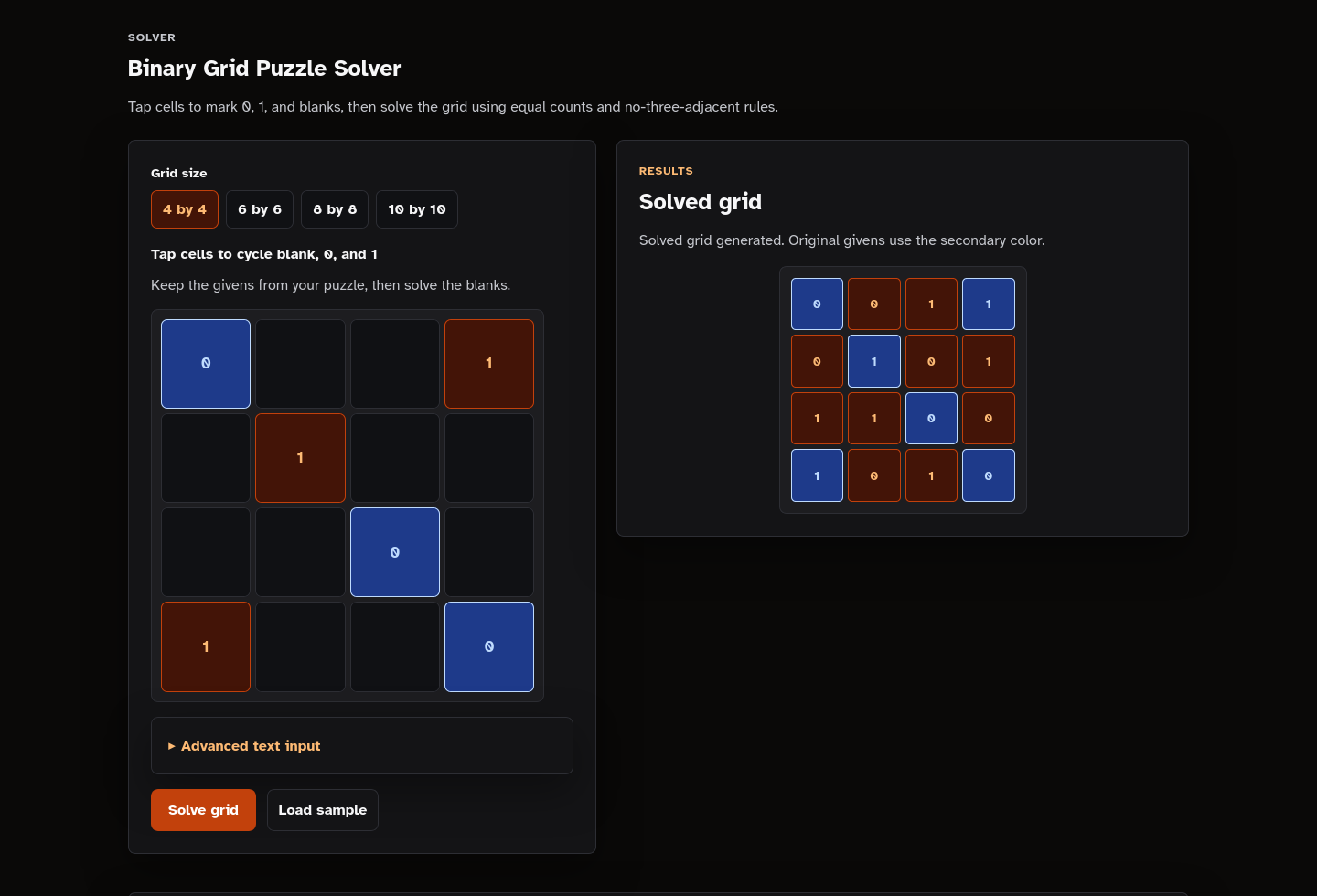 Solver results screenshot of Binary Grid Puzzle Solver Starter Kit.
