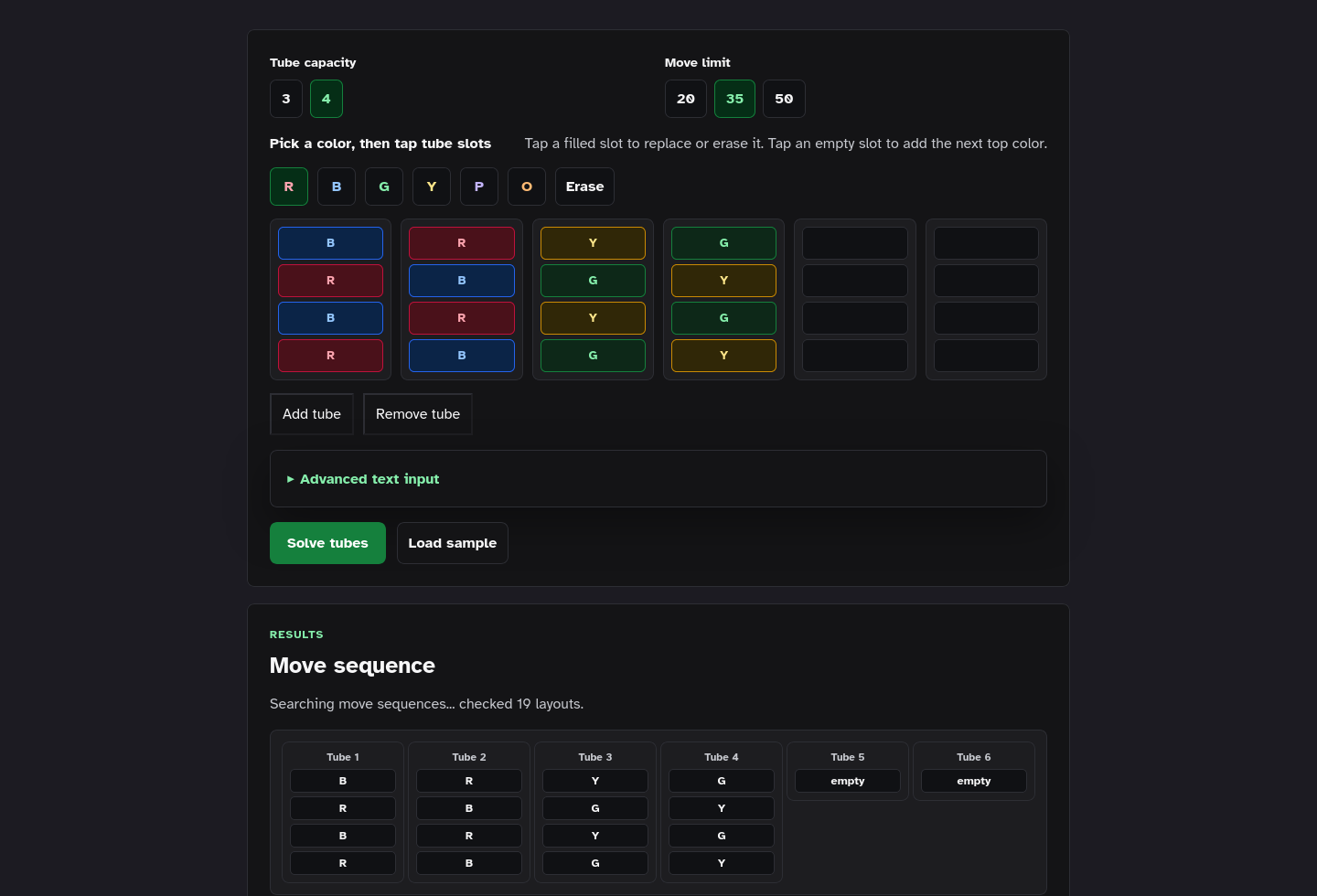 Embeddable tool-only page screenshot of Color Sort Solver Starter Kit.