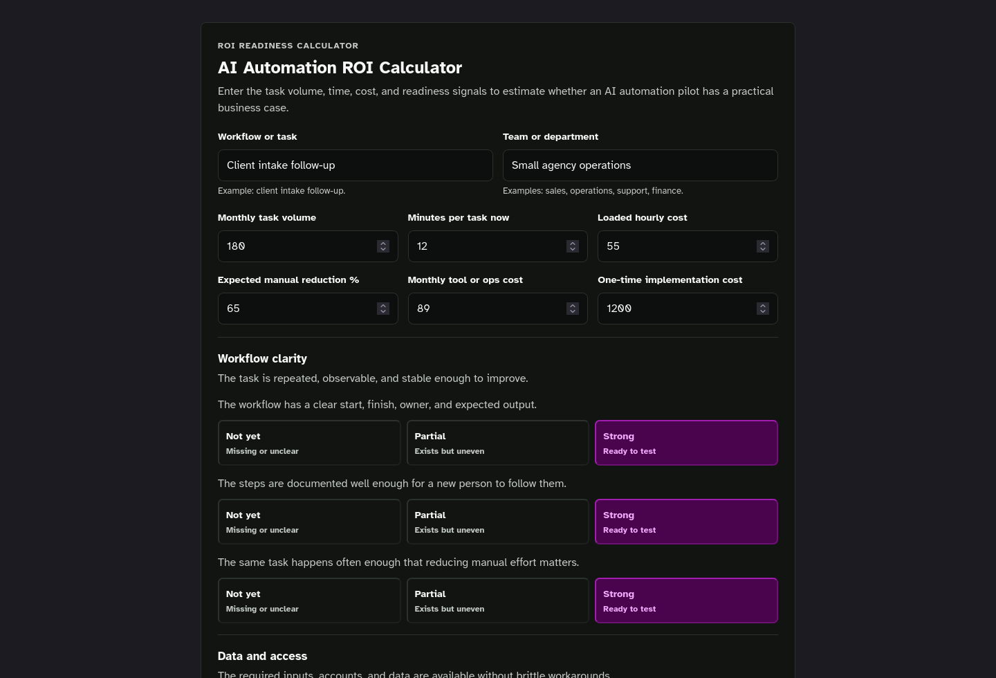 Tool-only embed screenshot of AI Automation ROI Calculator Starter Kit.