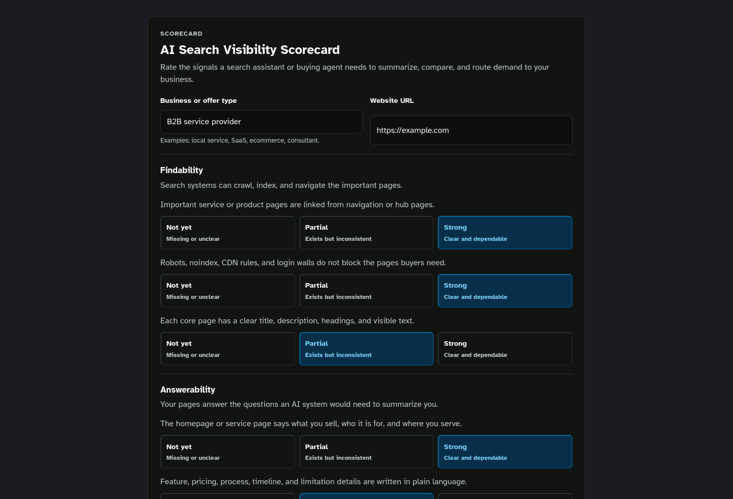 Tool-only embed screenshot of AI Search Visibility Scorecard Starter Kit.