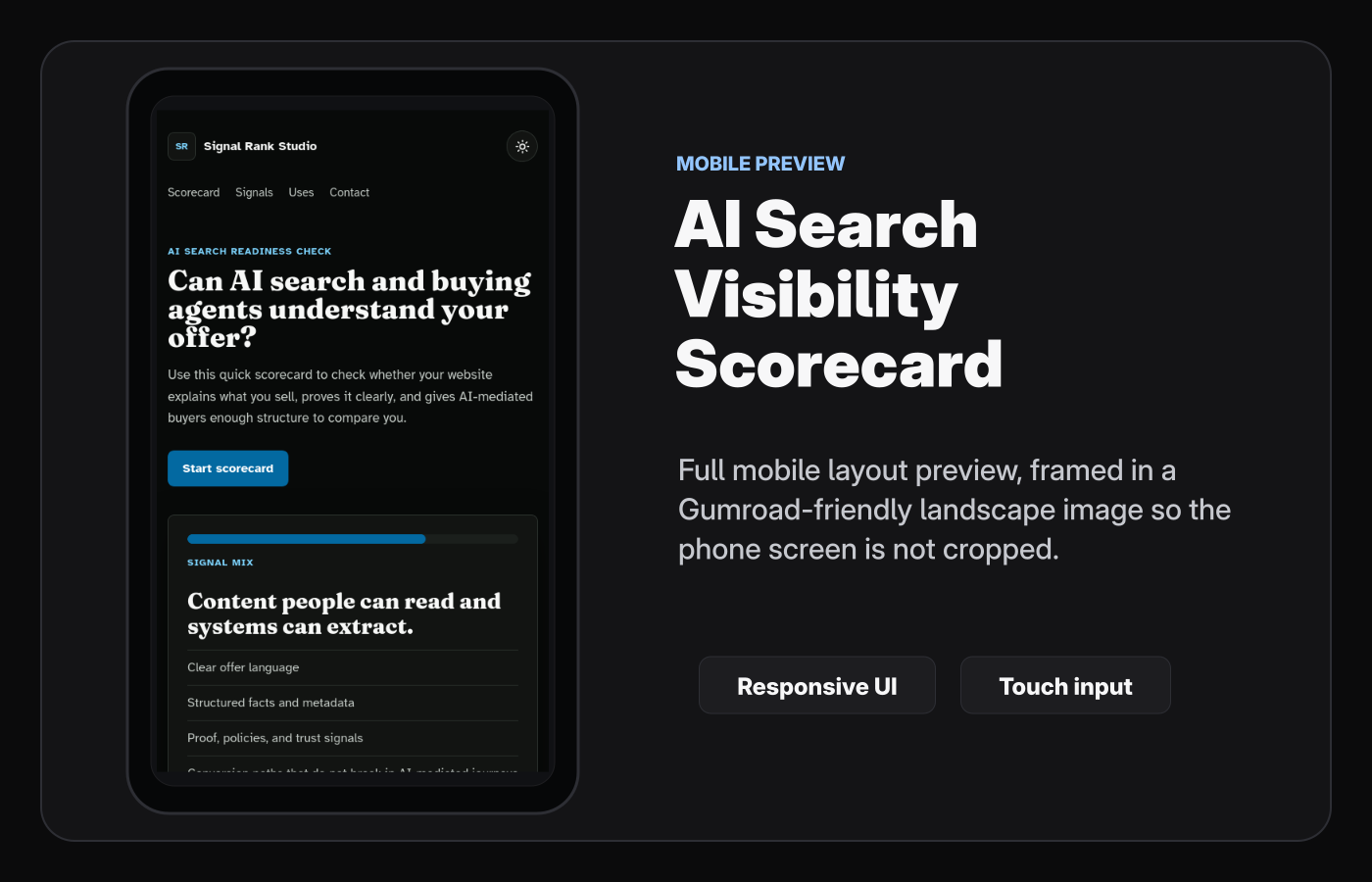 Mobile layout screenshot of AI Search Visibility Scorecard Starter Kit.