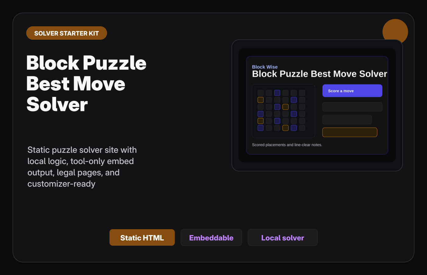 Block Puzzle Best Move Solver Starter Kit Gumroad-style product cover.