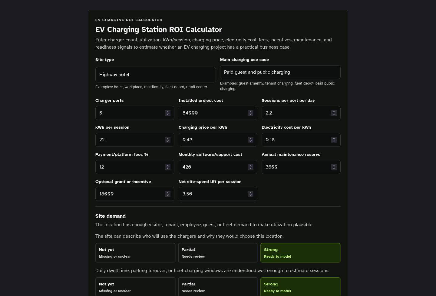 Tool-only embed screenshot of EV Charging ROI Calculator Starter Kit.