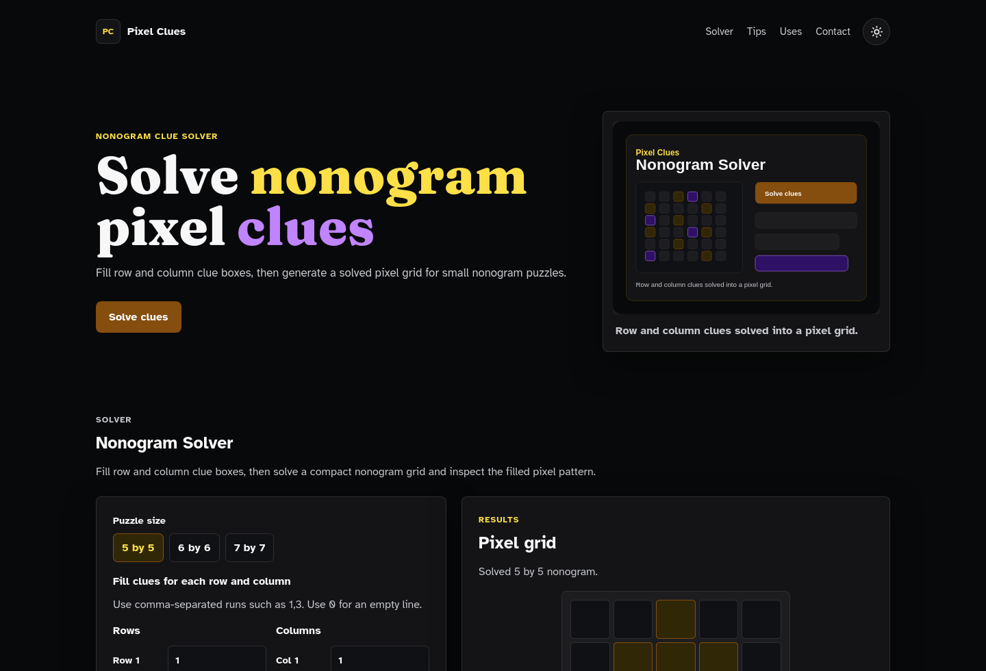 Desktop homepage screenshot of Nonogram Solver Starter Kit.