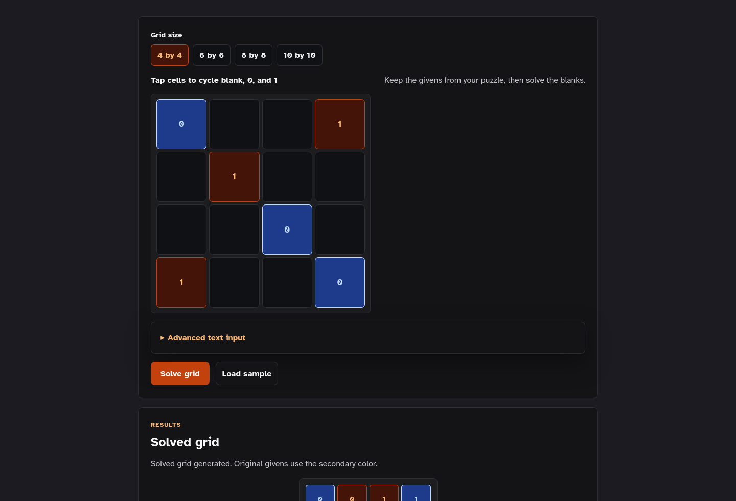 Embeddable tool-only page screenshot of Binary Grid Puzzle Solver Starter Kit.