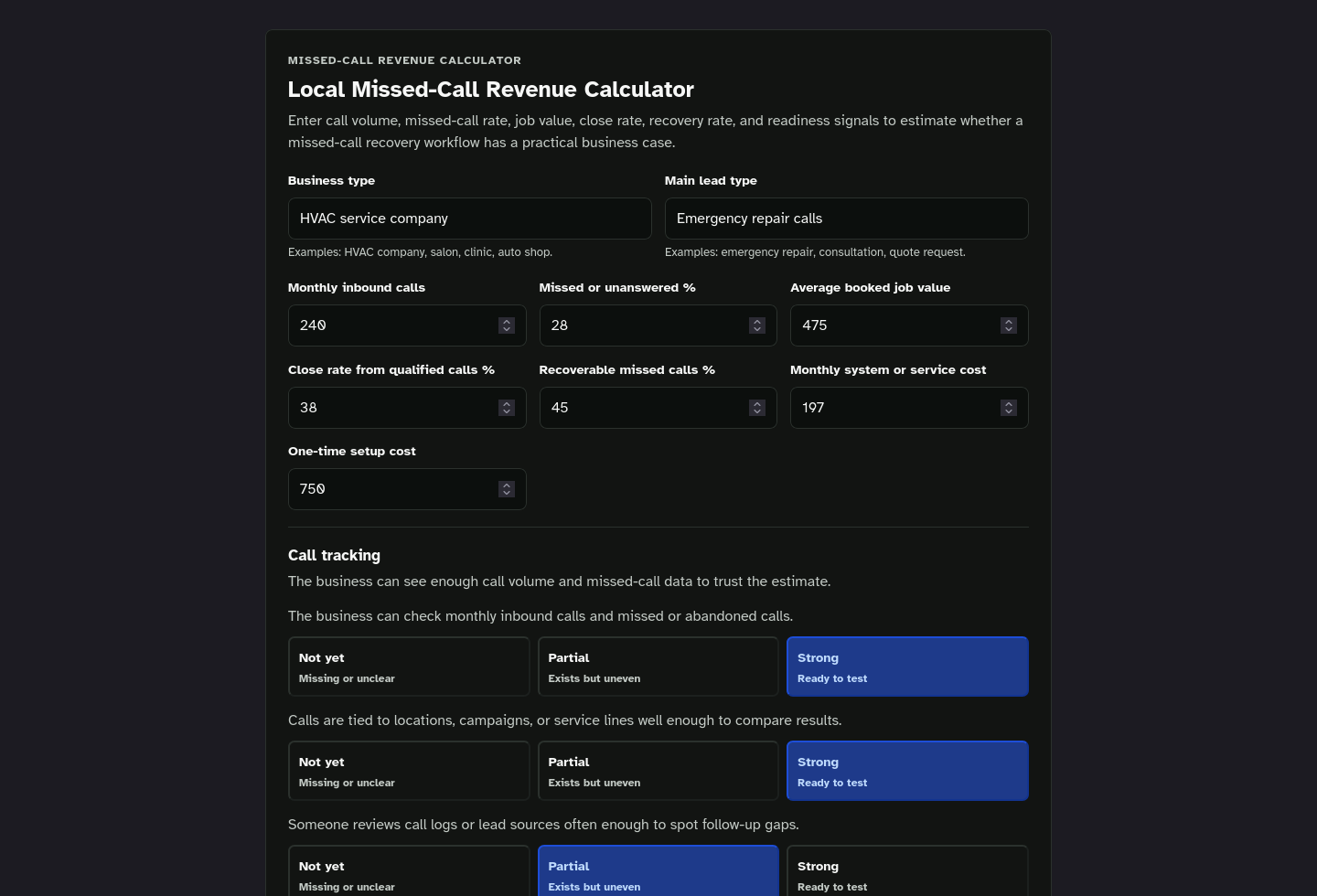 Tool-only embed screenshot of Local Missed-Call Revenue Calculator Starter Kit.
