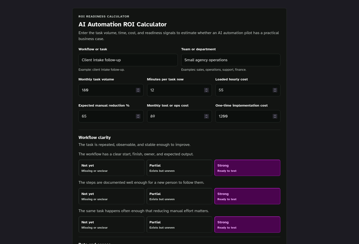Tool-only embed screenshot of AI Automation ROI Calculator Starter Kit.