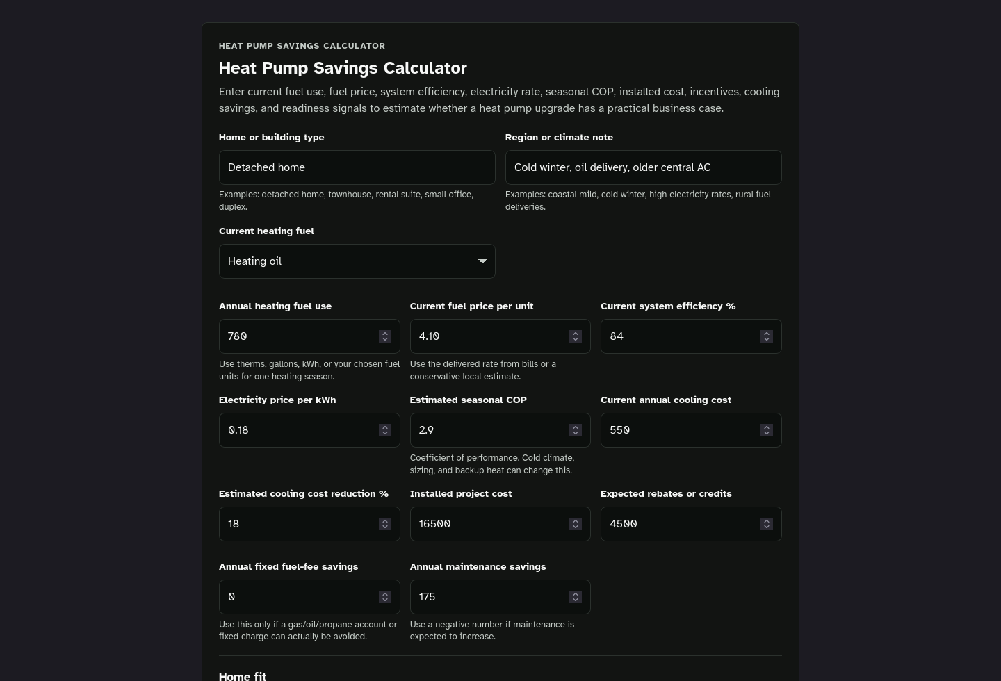 Tool-only embed screenshot of Heat Pump Savings Calculator Starter Kit.