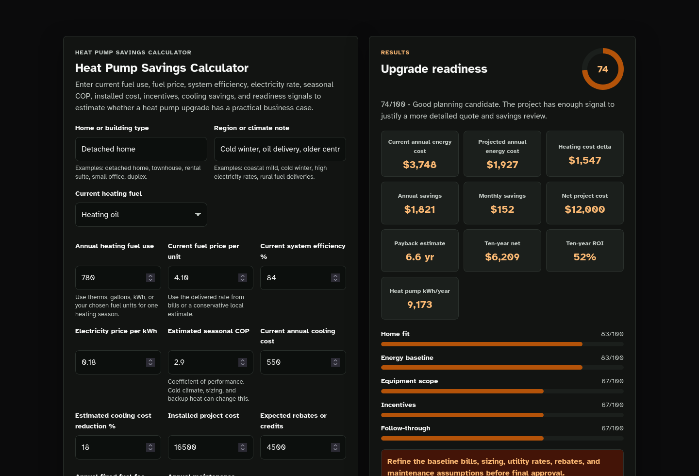 Calculator results screenshot of Heat Pump Savings Calculator Starter Kit.