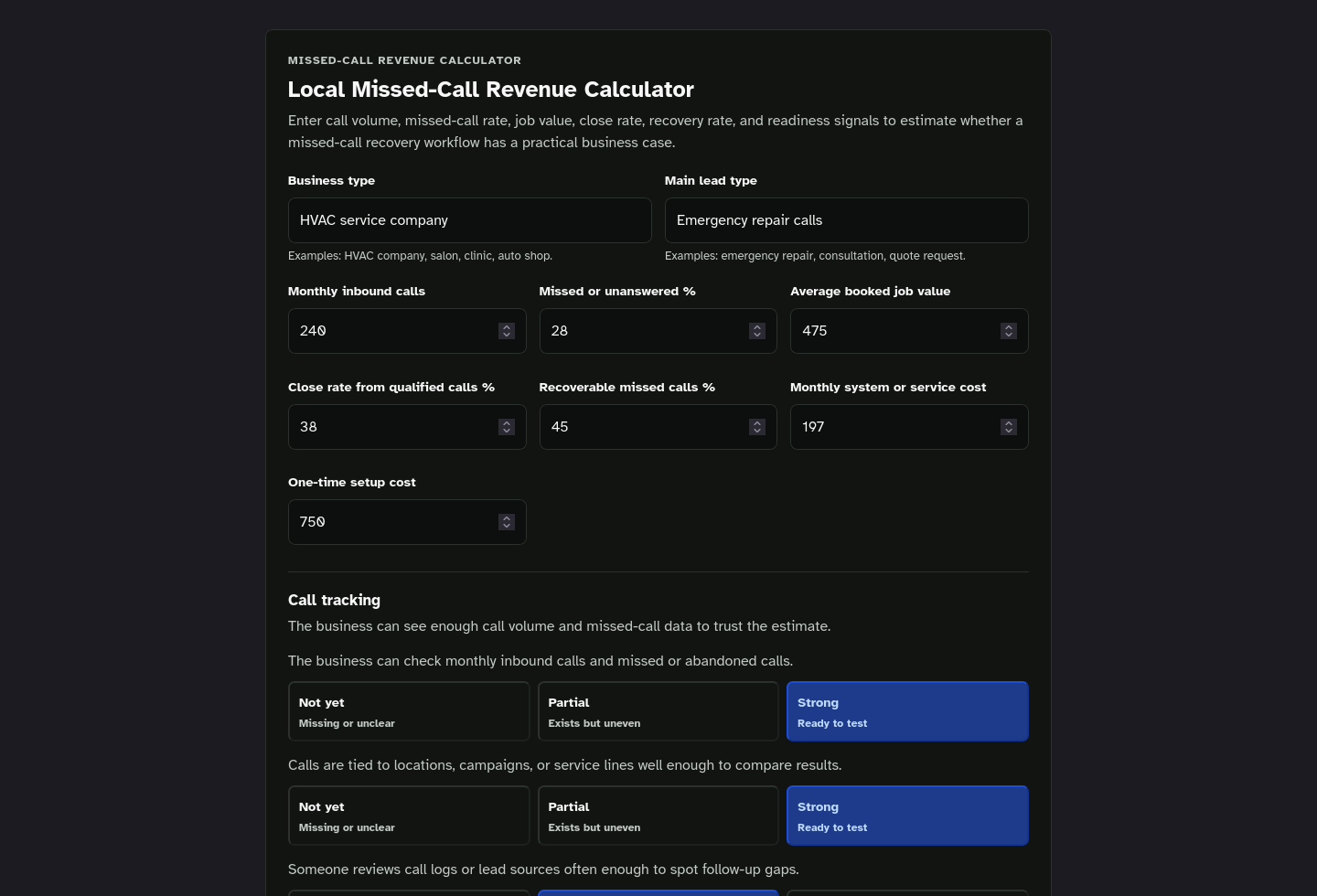 Tool-only embed screenshot of Local Missed-Call Revenue Calculator Starter Kit.