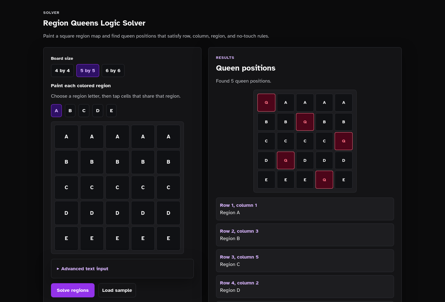 Solver results screenshot of Region Queens Logic Solver Starter Kit.