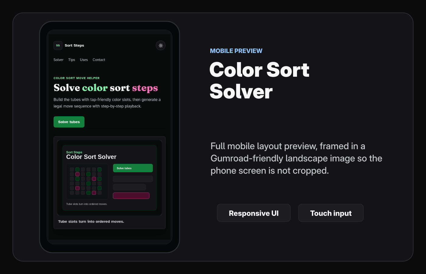 Mobile layout screenshot of Color Sort Solver Starter Kit.