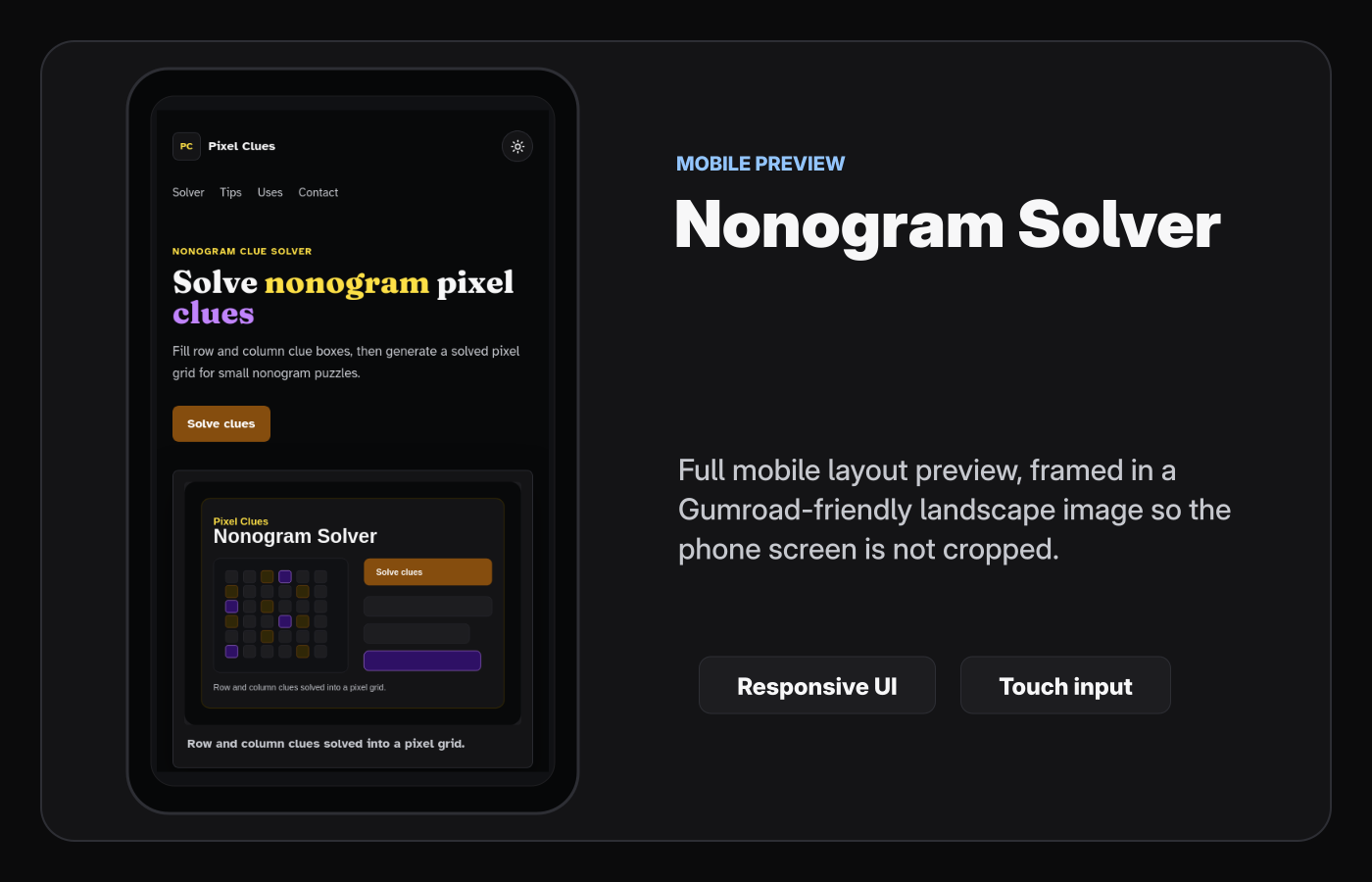Mobile layout screenshot of Nonogram Solver Starter Kit.