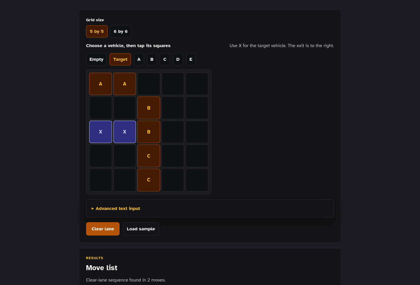 Embeddable tool-only page screenshot of Traffic Jam Puzzle Solver Starter Kit.