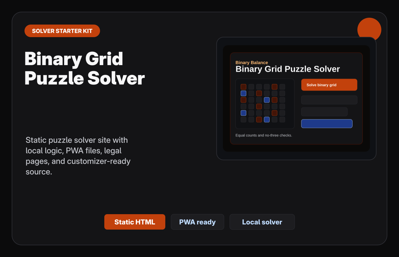 Binary Grid Puzzle Solver Starter Kit Gumroad-style product cover.