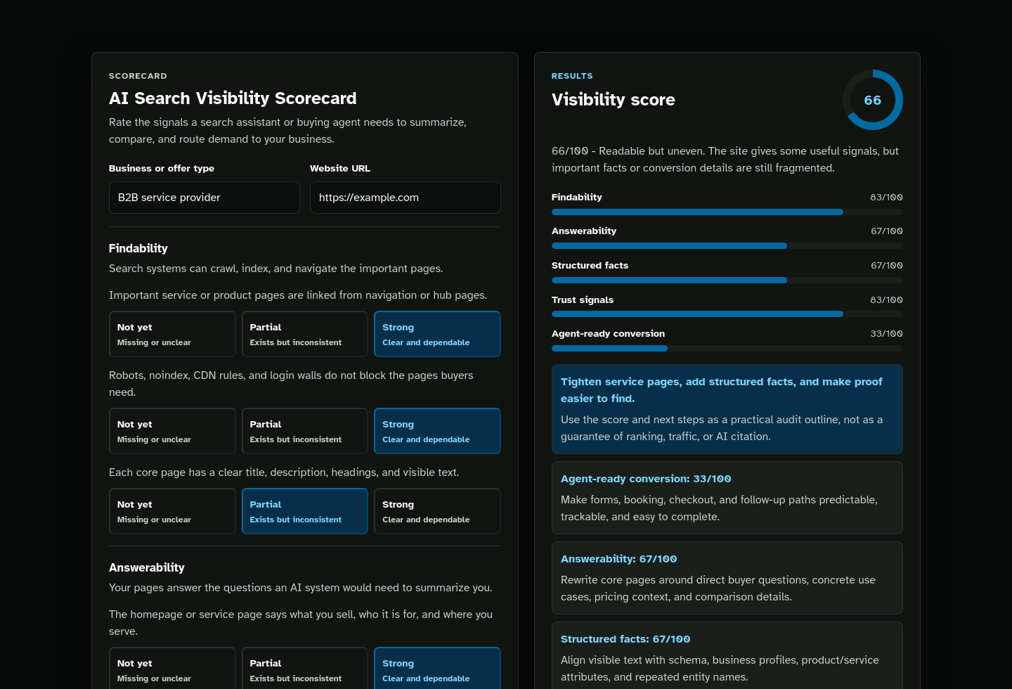 Scorecard results screenshot of AI Search Visibility Scorecard Starter Kit.
