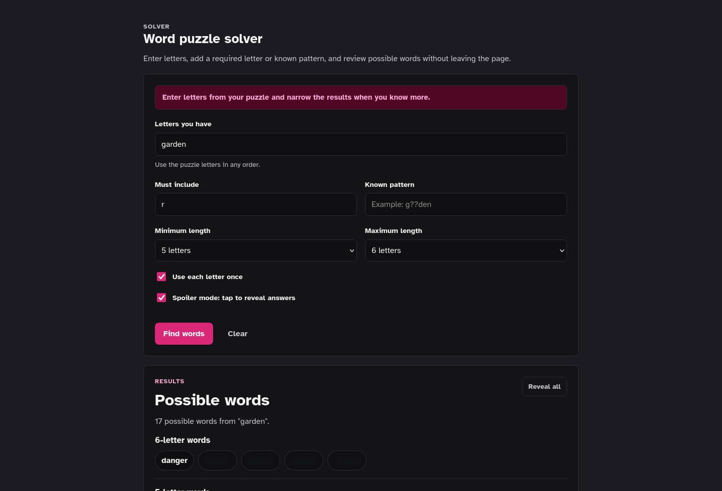 Embeddable tool-only page screenshot of Word Puzzle Helper Starter Kit.