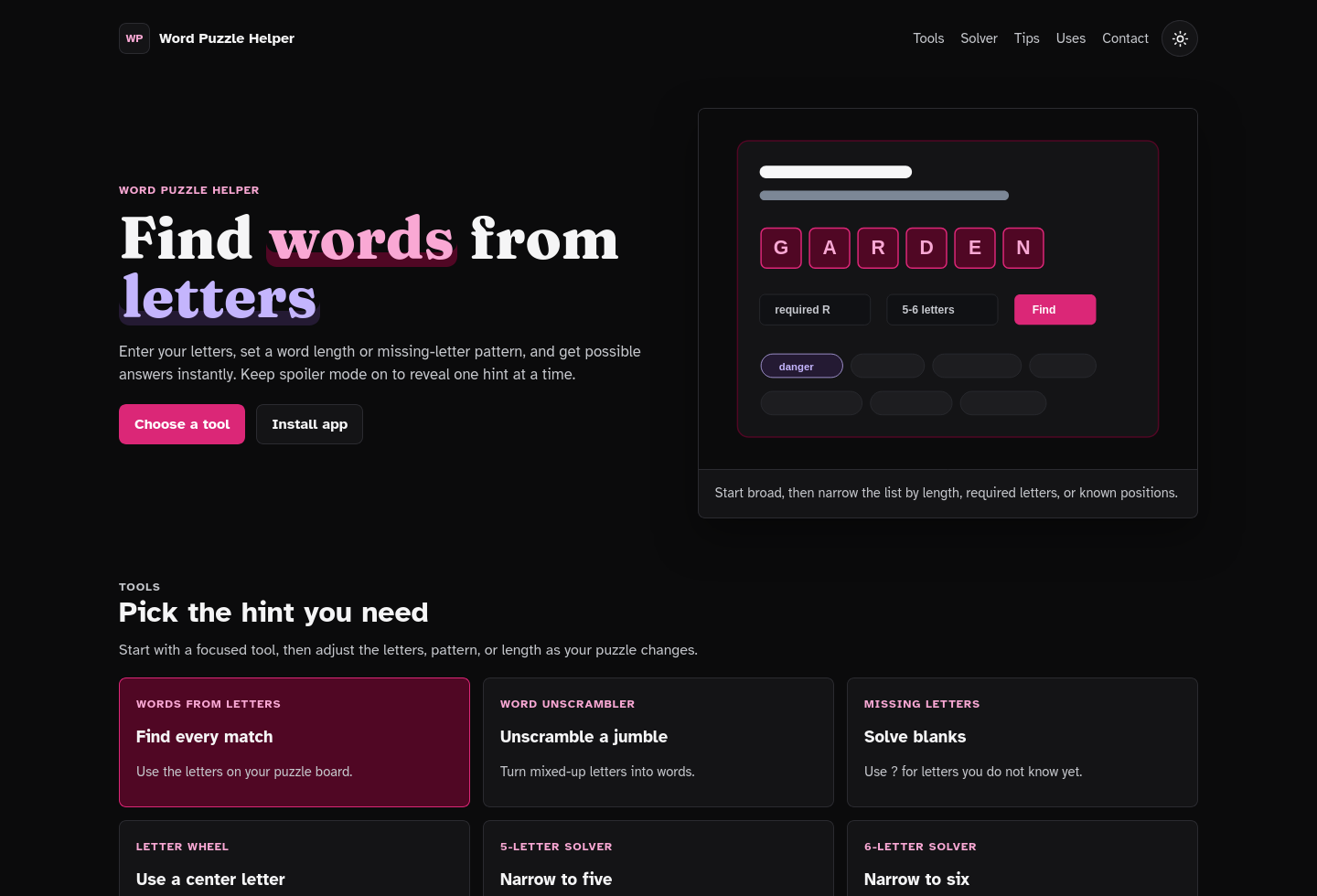 Desktop homepage screenshot of Word Puzzle Helper Starter Kit.