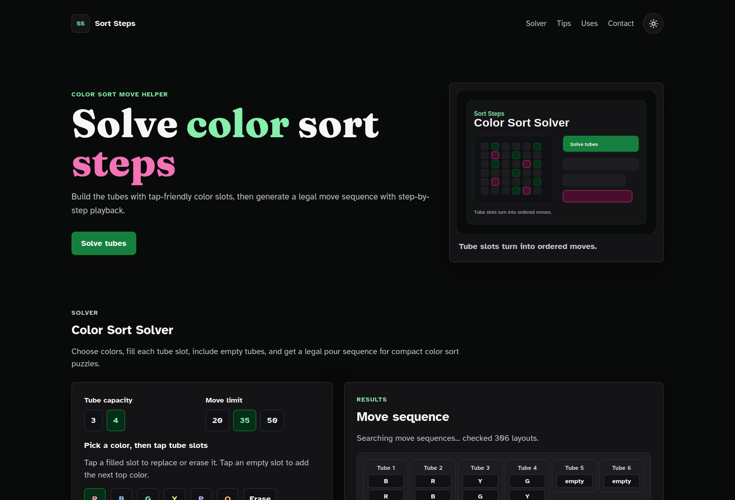 Desktop homepage screenshot of Color Sort Solver Starter Kit.
