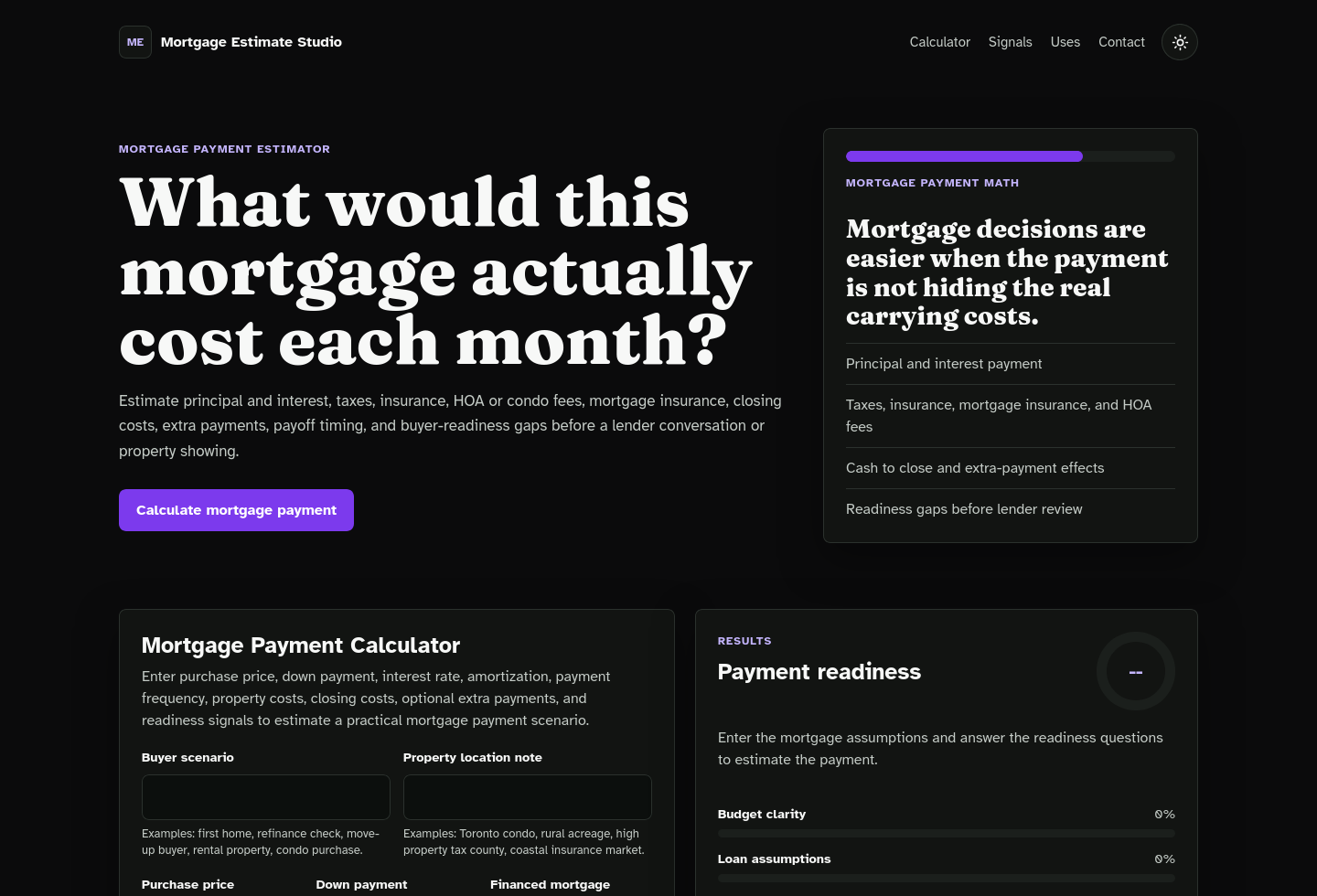 Desktop homepage screenshot of Mortgage Payment Calculator Starter Kit.