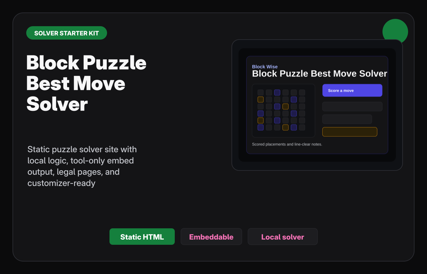 Block Puzzle Best Move Solver Starter Kit Gumroad-style product cover.