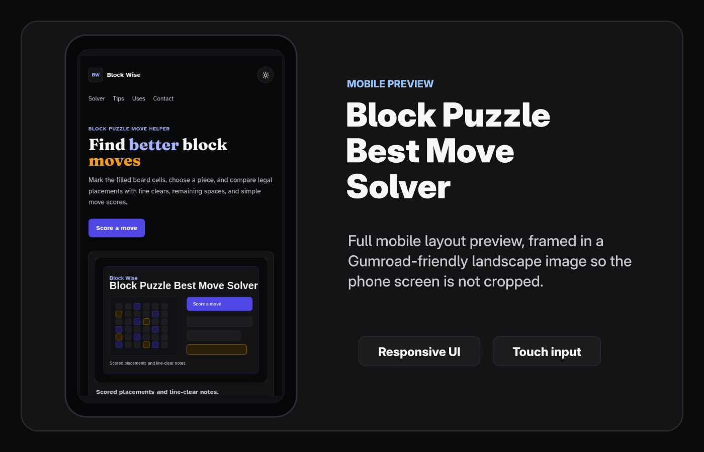 Mobile layout screenshot of Block Puzzle Best Move Solver Starter Kit.