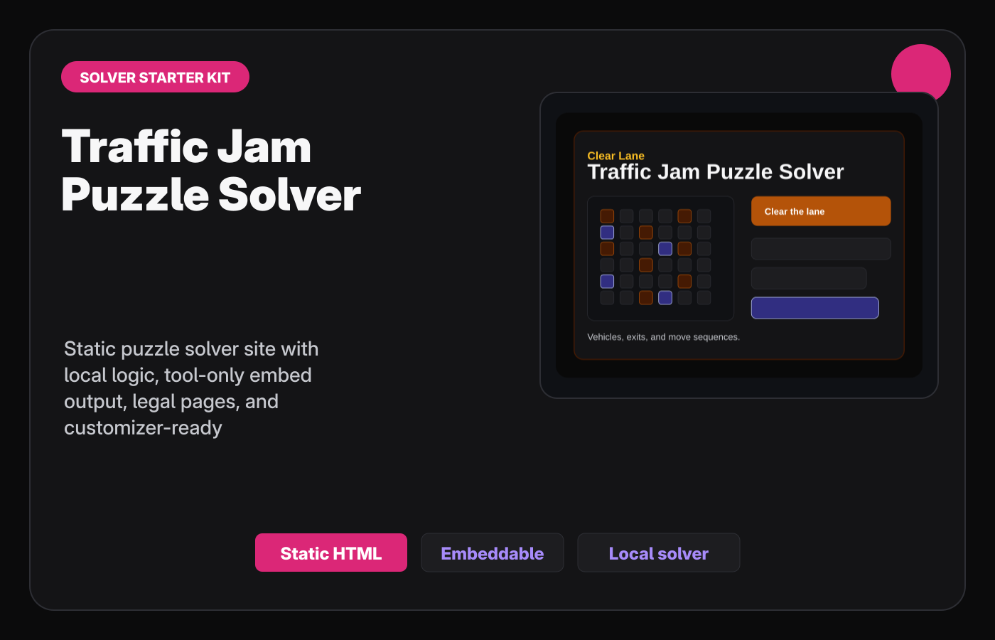 Traffic Jam Puzzle Solver Starter Kit Gumroad-style product cover.