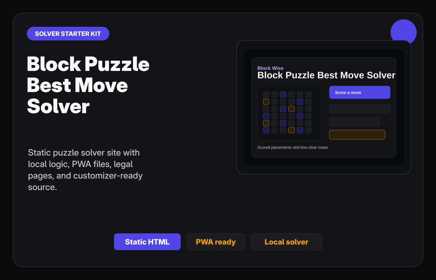 Block Puzzle Best Move Solver Starter Kit Gumroad-style product cover.