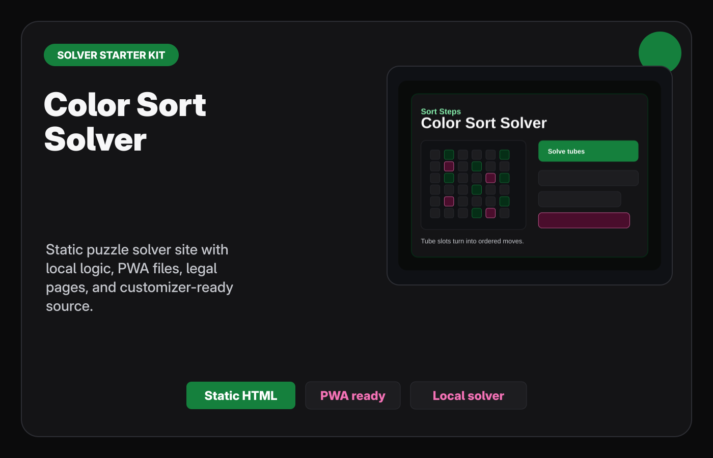 Color Sort Solver Starter Kit Gumroad-style product cover.