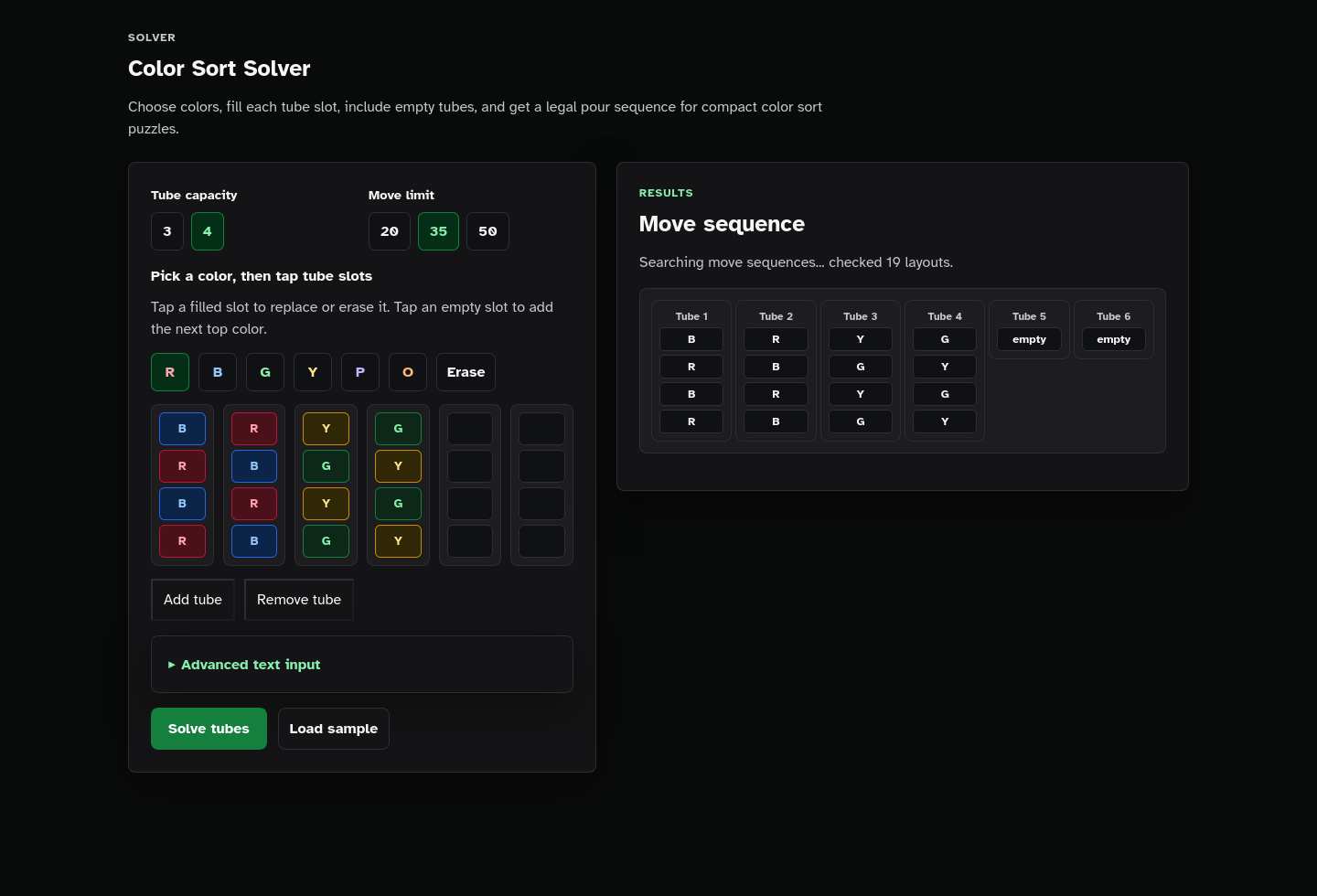 Solver results screenshot of Color Sort Solver Starter Kit.