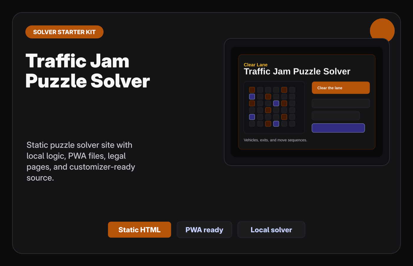 Traffic Jam Puzzle Solver Starter Kit Gumroad-style product cover.