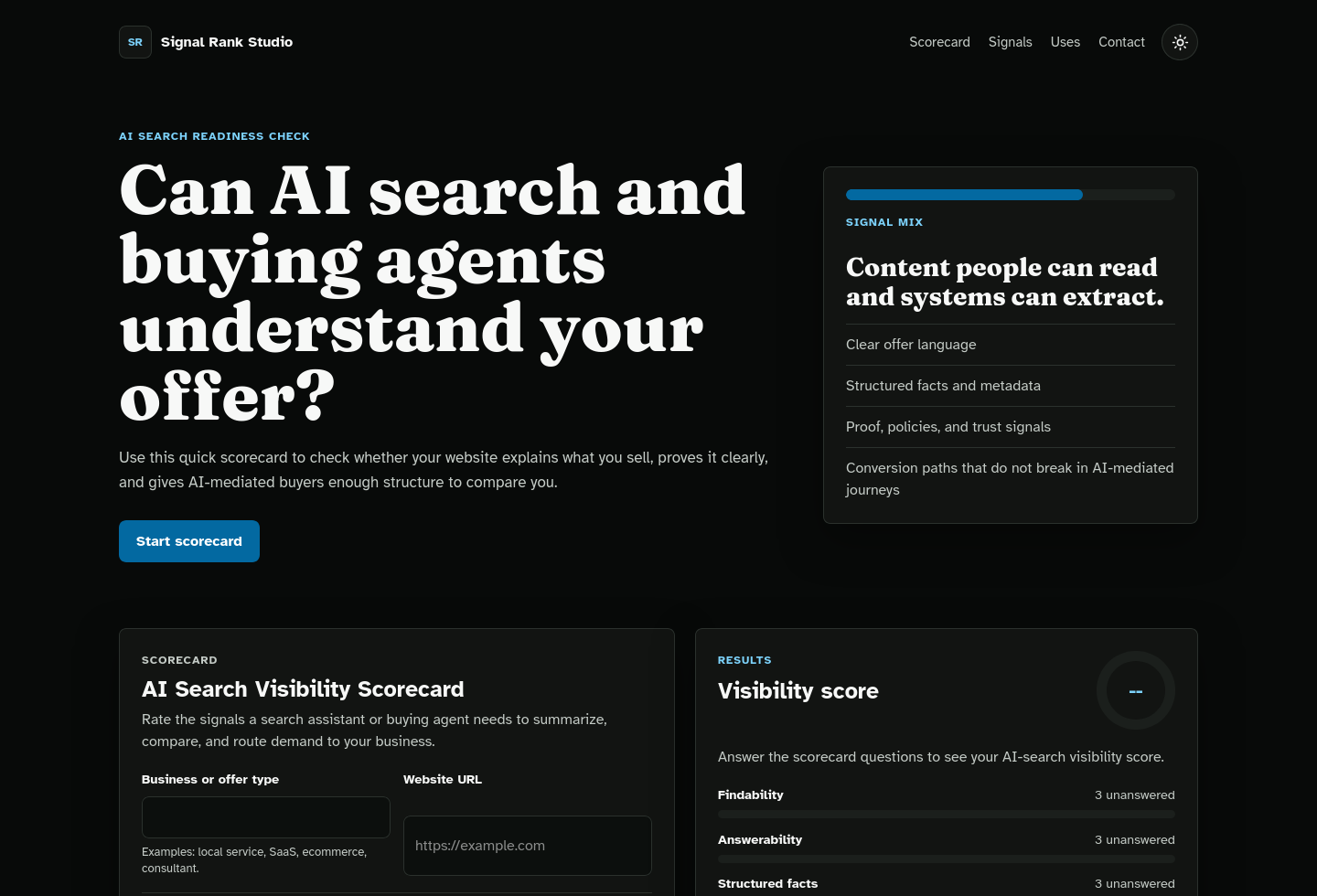 Desktop homepage screenshot of AI Search Visibility Scorecard Starter Kit.