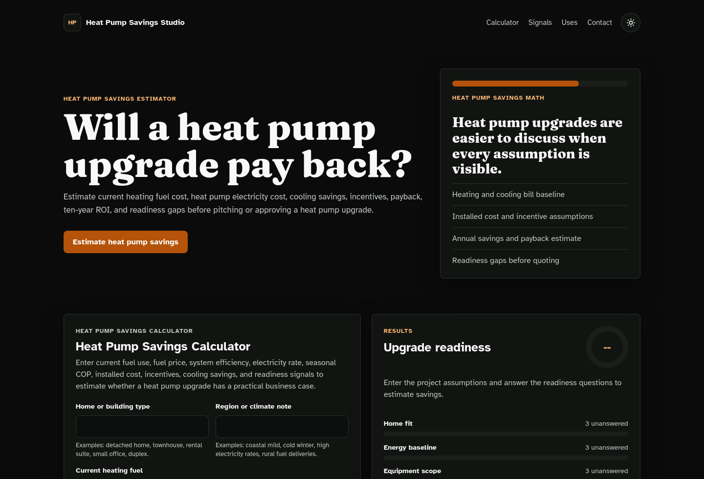 Desktop homepage screenshot of Heat Pump Savings Calculator Starter Kit.
