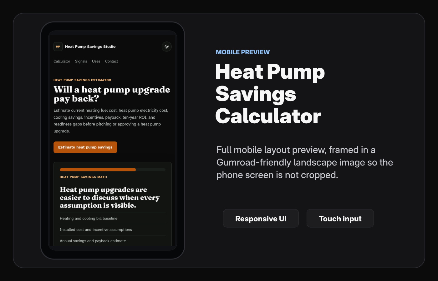 Mobile layout screenshot of Heat Pump Savings Calculator Starter Kit.
