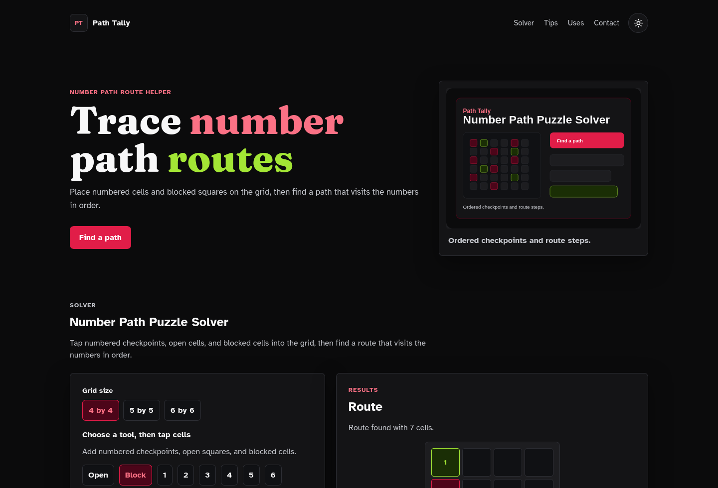 Desktop homepage screenshot of Number Path Puzzle Solver Starter Kit.